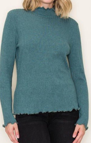 Women’s Ribbed Mock Neck Top – Long Sleeve Lettuce Edge Knit (Multiple Colors) - Mainstream Boutique