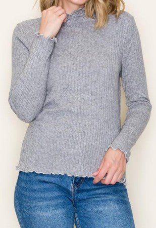 Women’s Ribbed Mock Neck Top – Long Sleeve Lettuce Edge Knit (Multiple Colors) - Mainstream Boutique