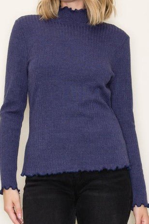 Women’s Ribbed Mock Neck Top – Long Sleeve Lettuce Edge Knit (Multiple Colors) - Mainstream Boutique