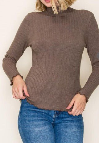 Women’s Ribbed Mock Neck Top – Long Sleeve Lettuce Edge Knit (Multiple Colors) - Mainstream Boutique