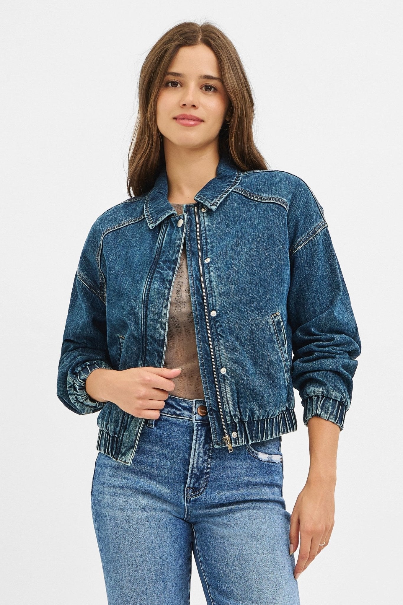 *FINAL SALE* Denim Zip Front Bomber Jacket With Cinched Cuffs And Waistband - Mainstream Boutique