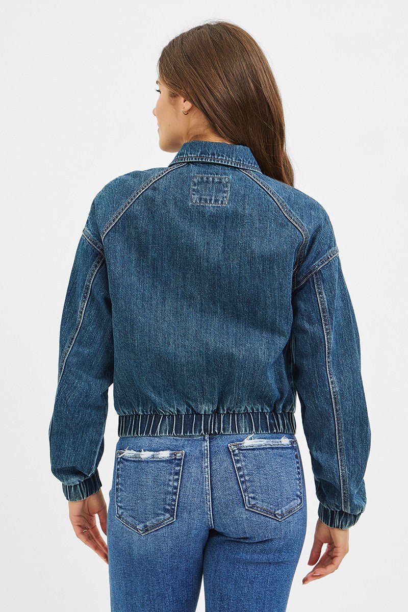 *FINAL SALE* Denim Zip Front Bomber Jacket With Cinched Cuffs And Waistband - Mainstream Boutique