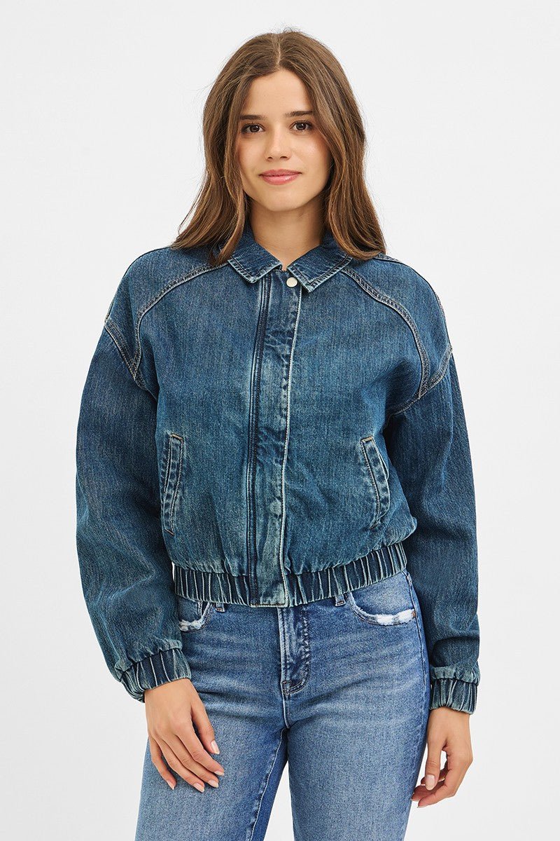 *FINAL SALE* Denim Zip Front Bomber Jacket With Cinched Cuffs And Waistband - Mainstream Boutique
