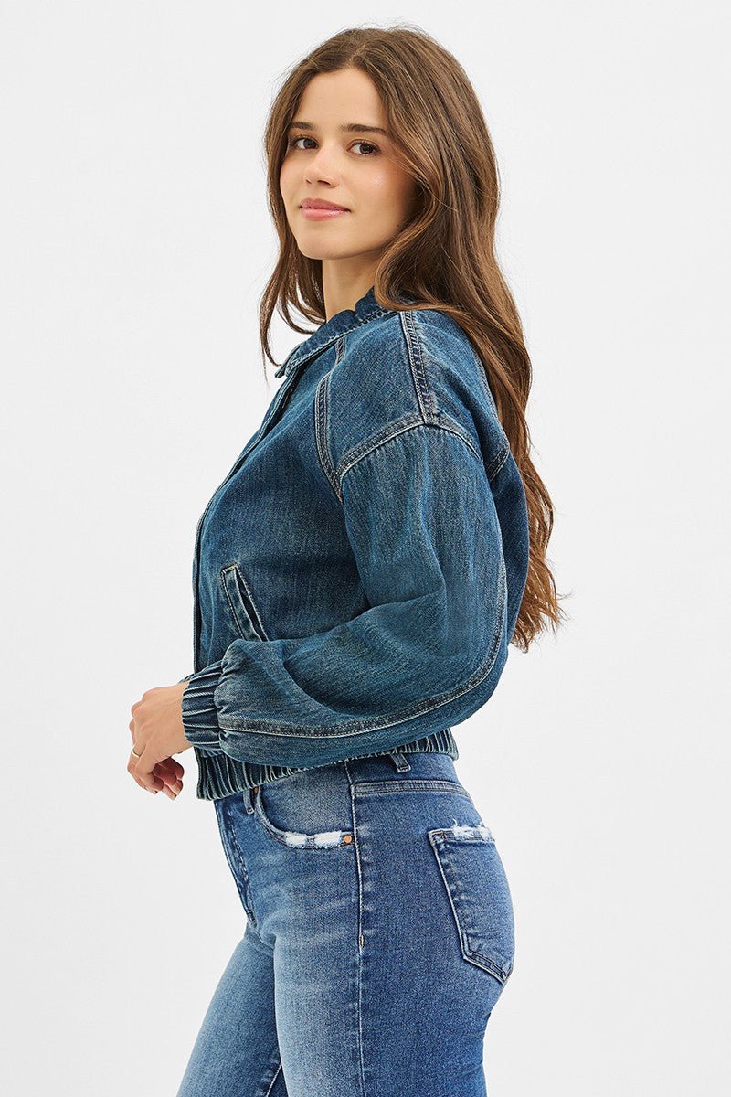 *FINAL SALE* Denim Zip Front Bomber Jacket With Cinched Cuffs And Waistband - Mainstream Boutique