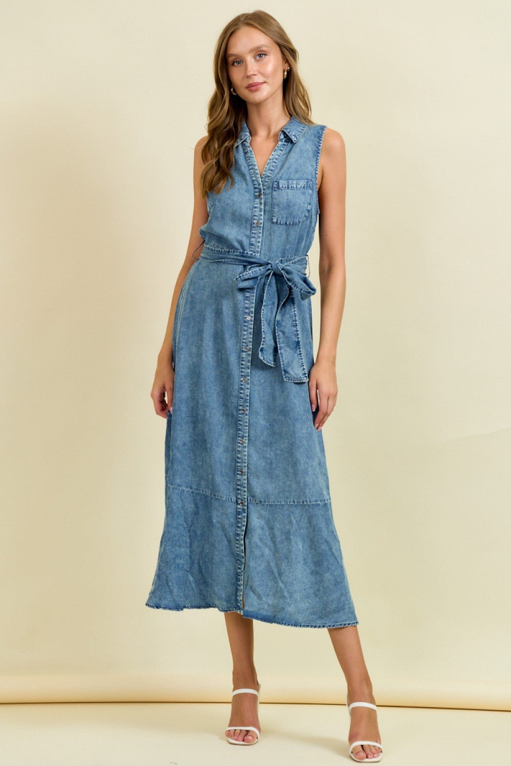 *FINAL SALE* Button Front Midi Dress With Belt And Ruffle Hem - Mainstream Boutique