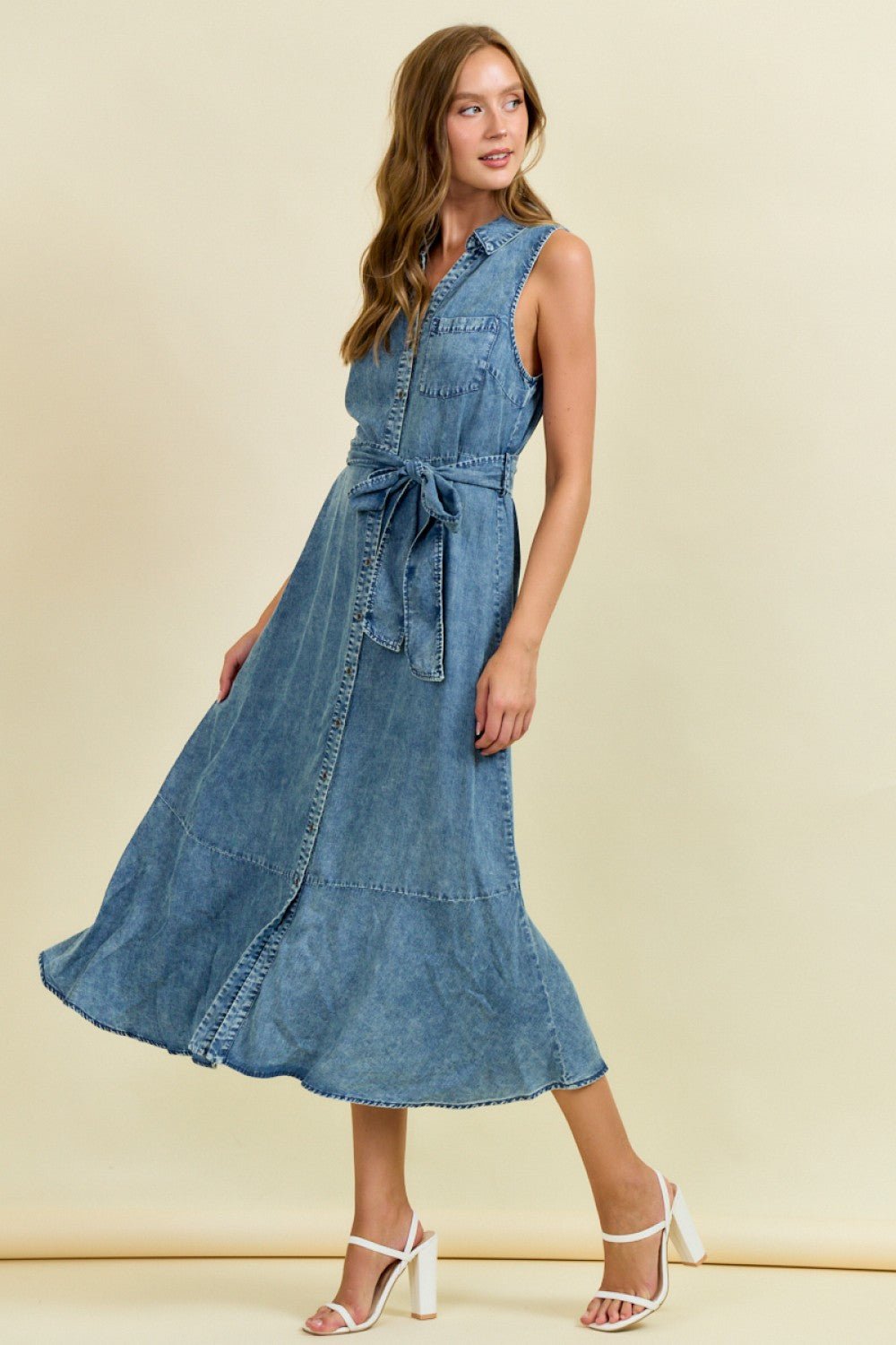 *FINAL SALE* Button Front Midi Dress With Belt And Ruffle Hem - Mainstream Boutique