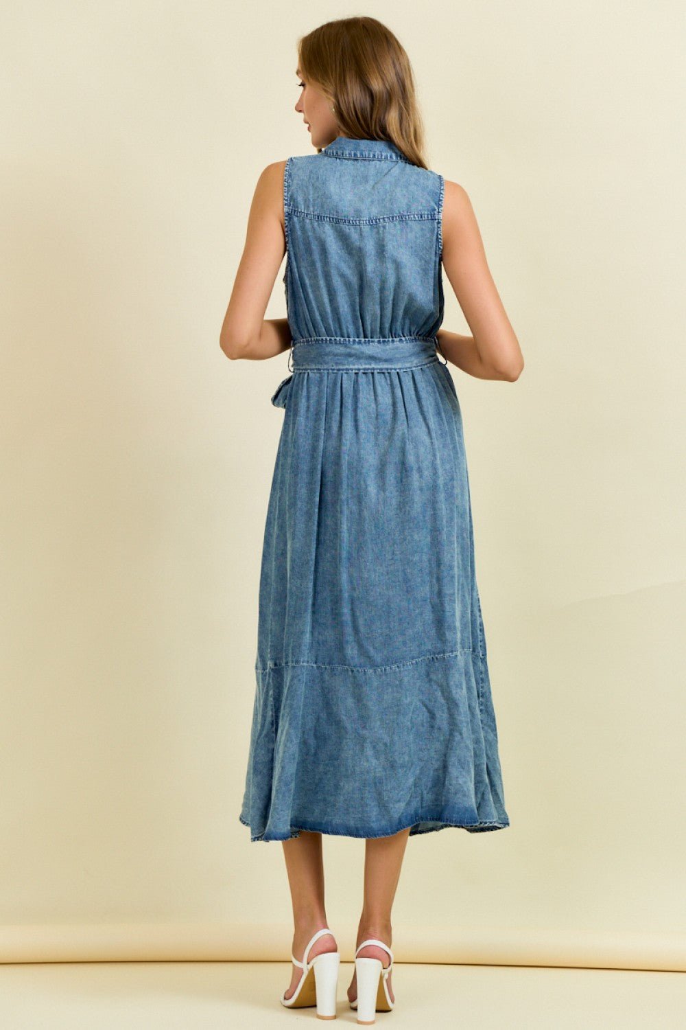 *FINAL SALE* Button Front Midi Dress With Belt And Ruffle Hem - Mainstream Boutique