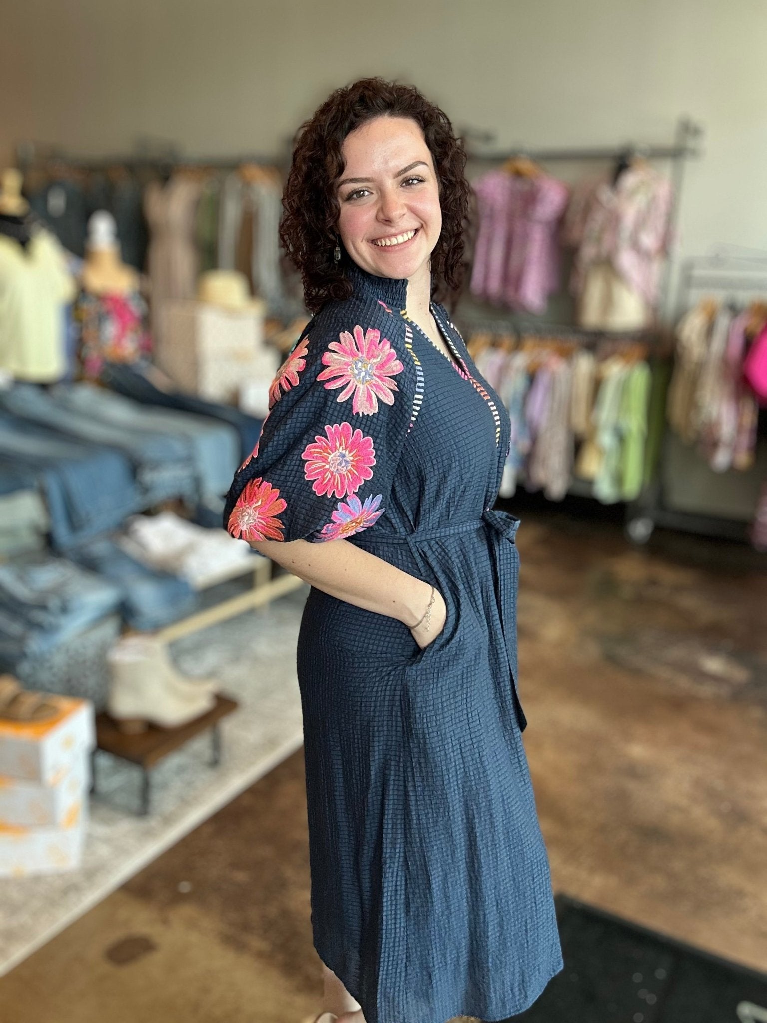Embroidered Puff Sleeve Textured Dress - Mainstream Boutique
