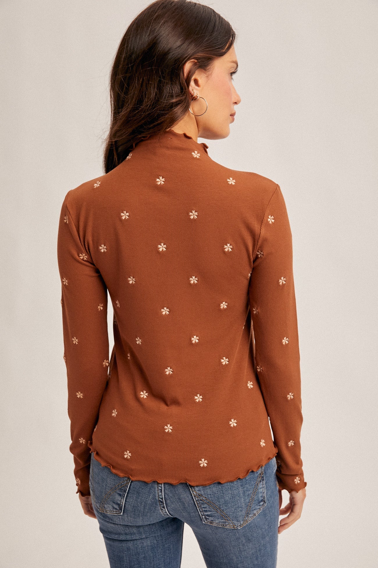 *FINAL SALE* Embroidered Mock Neck Top With Lettuce Edge - Mainstream Boutique