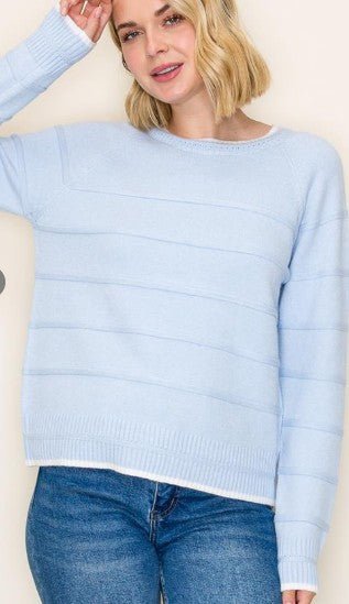 Women’s Textured Stripe Crew Neck Sweater – Long Sleeve Pullover With White Trim - Mainstream Boutique