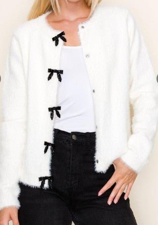 Women’s Jewel Bow Cardigan – Long Sleeve Crew Neck Button - Down Sweater - Mainstream Boutique