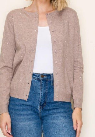 Women’s Rhinestone Embellished Cardigan – Long Sleeve Crew Neck Button - Down Sweater - Mainstream Boutique