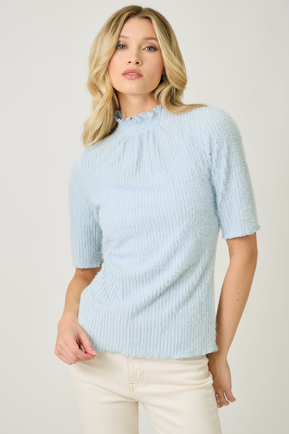 Fuzzy Lettuce Edge Detail Fitted Mock Neck Top - Mainstream Boutique