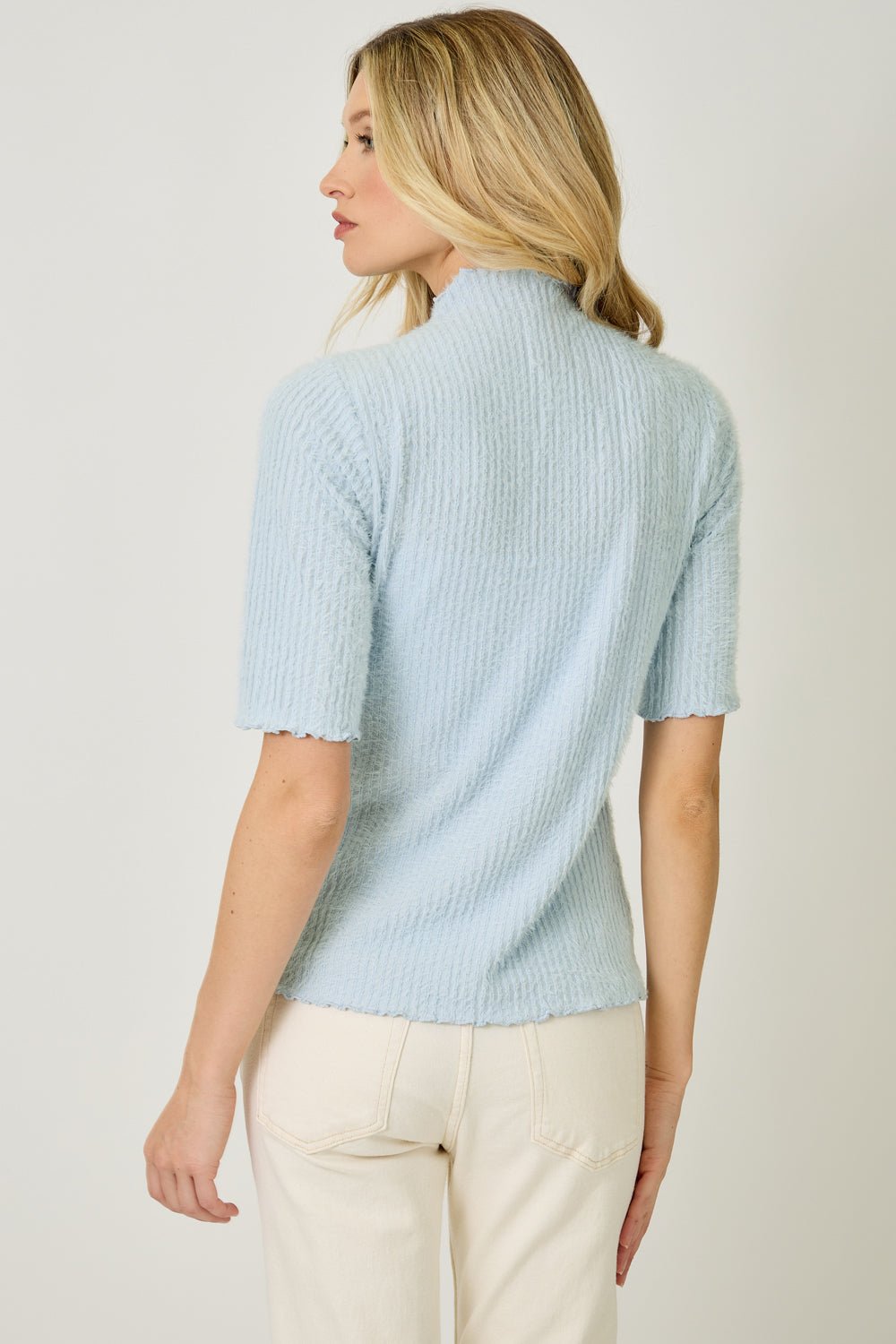 Fuzzy Lettuce Edge Detail Fitted Mock Neck Top - Mainstream Boutique