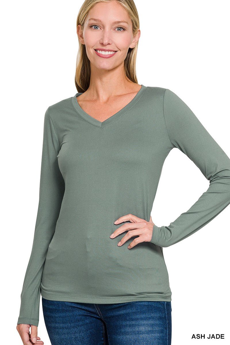 BRUSHED MICROFIBER LONG SLEEVE V - NECK TEE - Mainstream Boutique