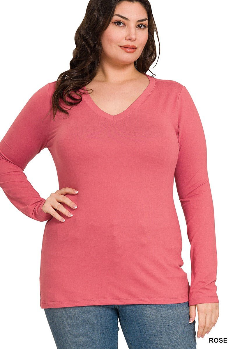 BRUSHED MICROFIBER LONG SLEEVE V - NECK TEE - Mainstream Boutique