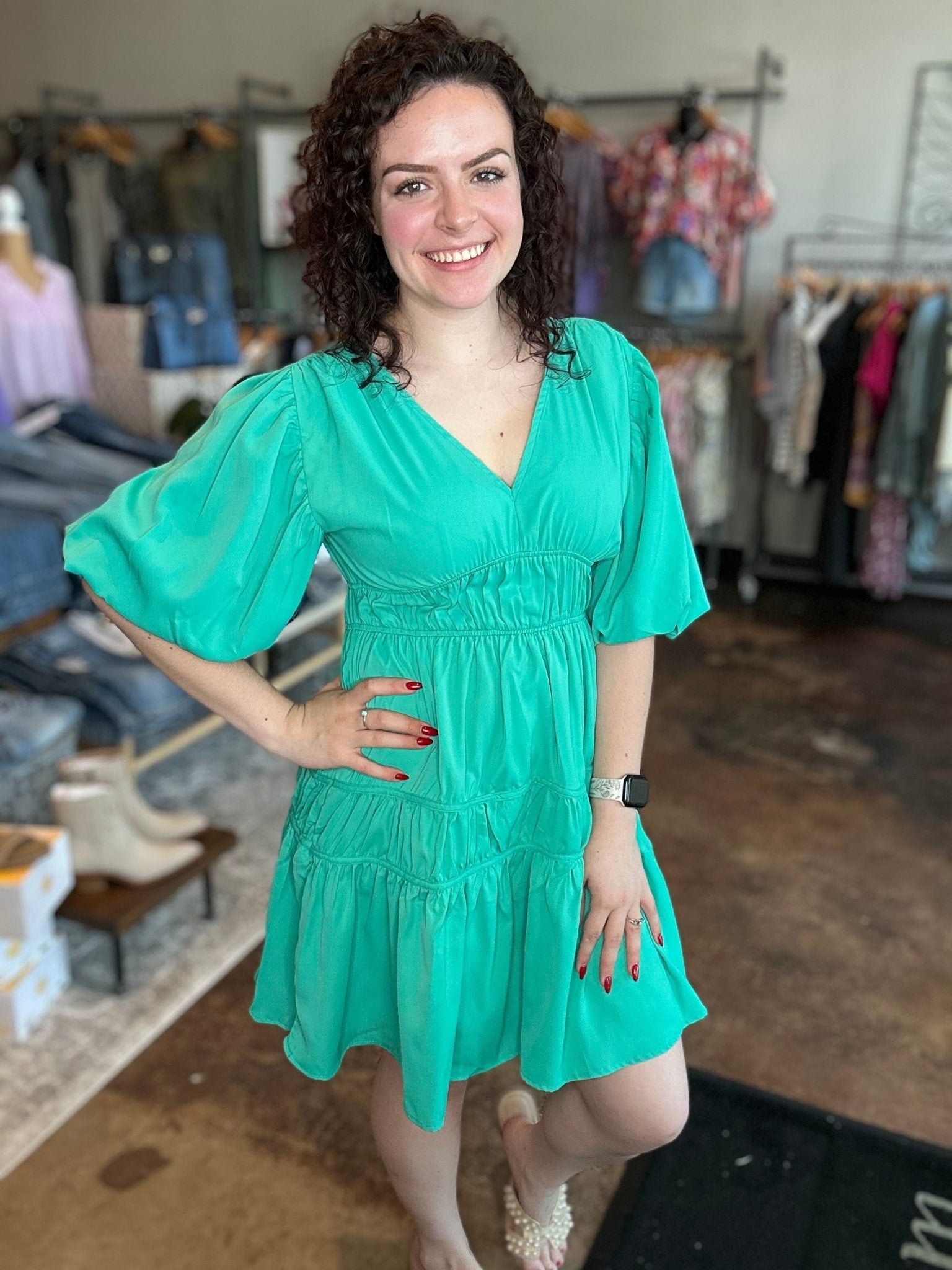 V - Neck Tiered Balloon Sleeve Dress - Mainstream Boutique