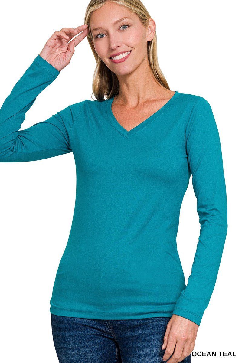 BRUSHED MICROFIBER LONG SLEEVE V - NECK TEE - Mainstream Boutique