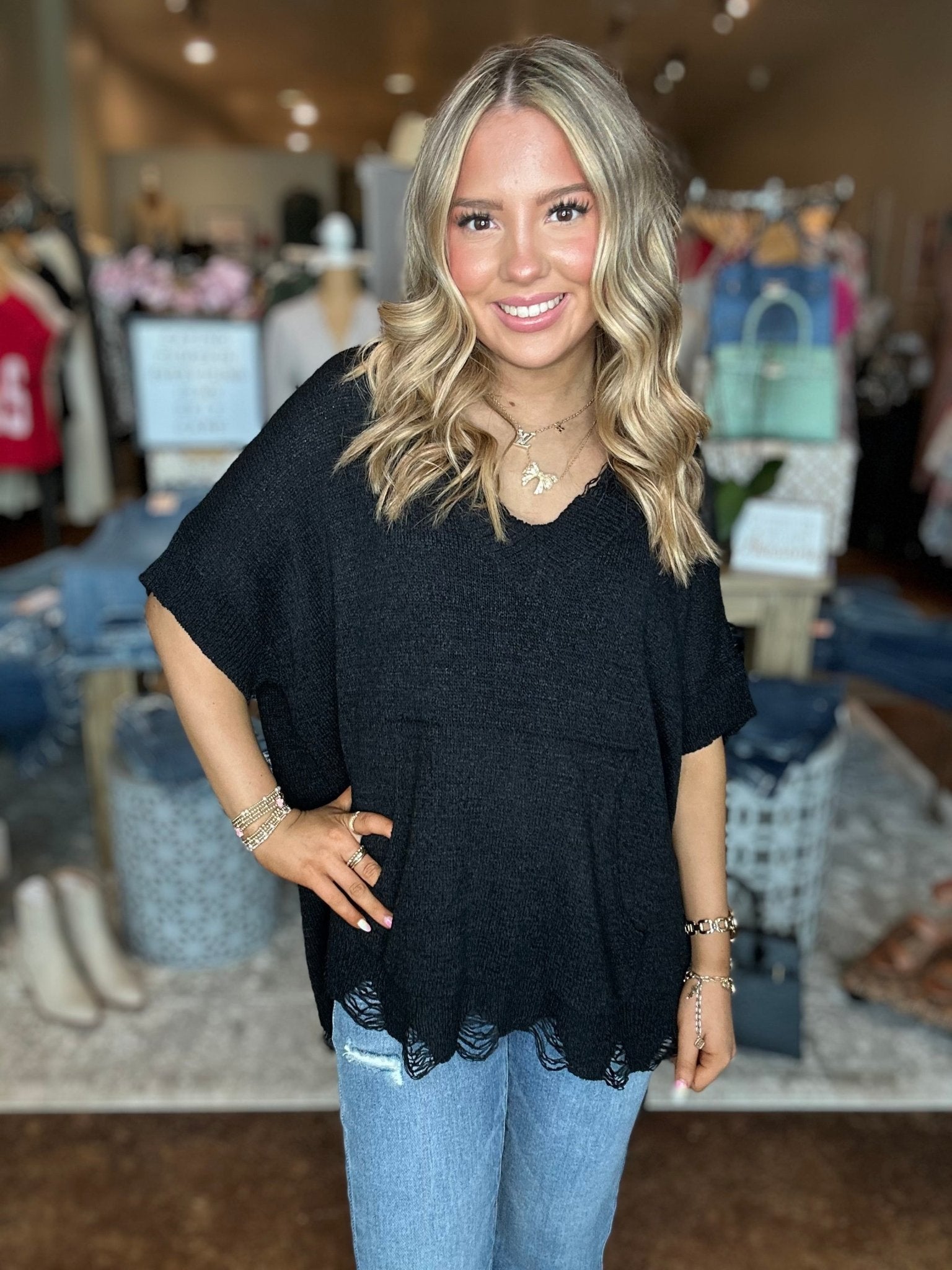 Distressed Sweater Top With Front Pocket - Mainstream Boutique