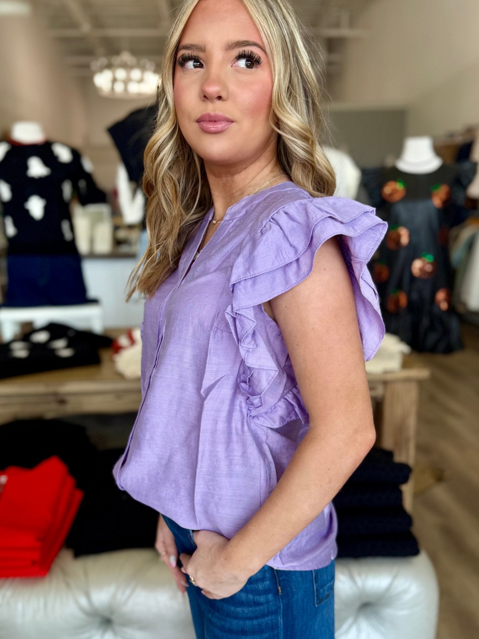V - neck Ruffle Detail Button Down Blouse - Mainstream Boutique