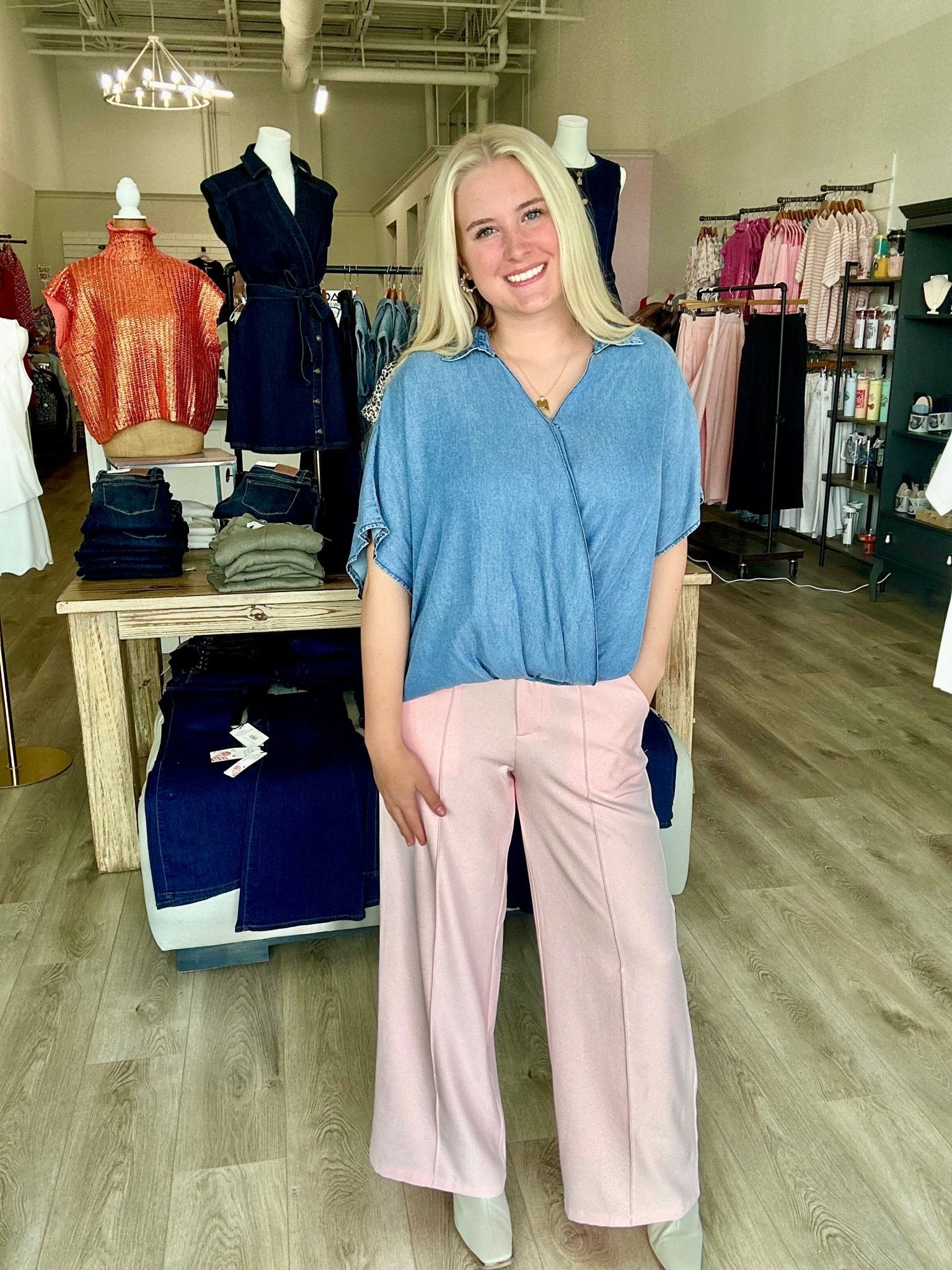 WIDE LEG WOVEN PANTS W/PINTUCK AND POCKETS - Mainstream Boutique