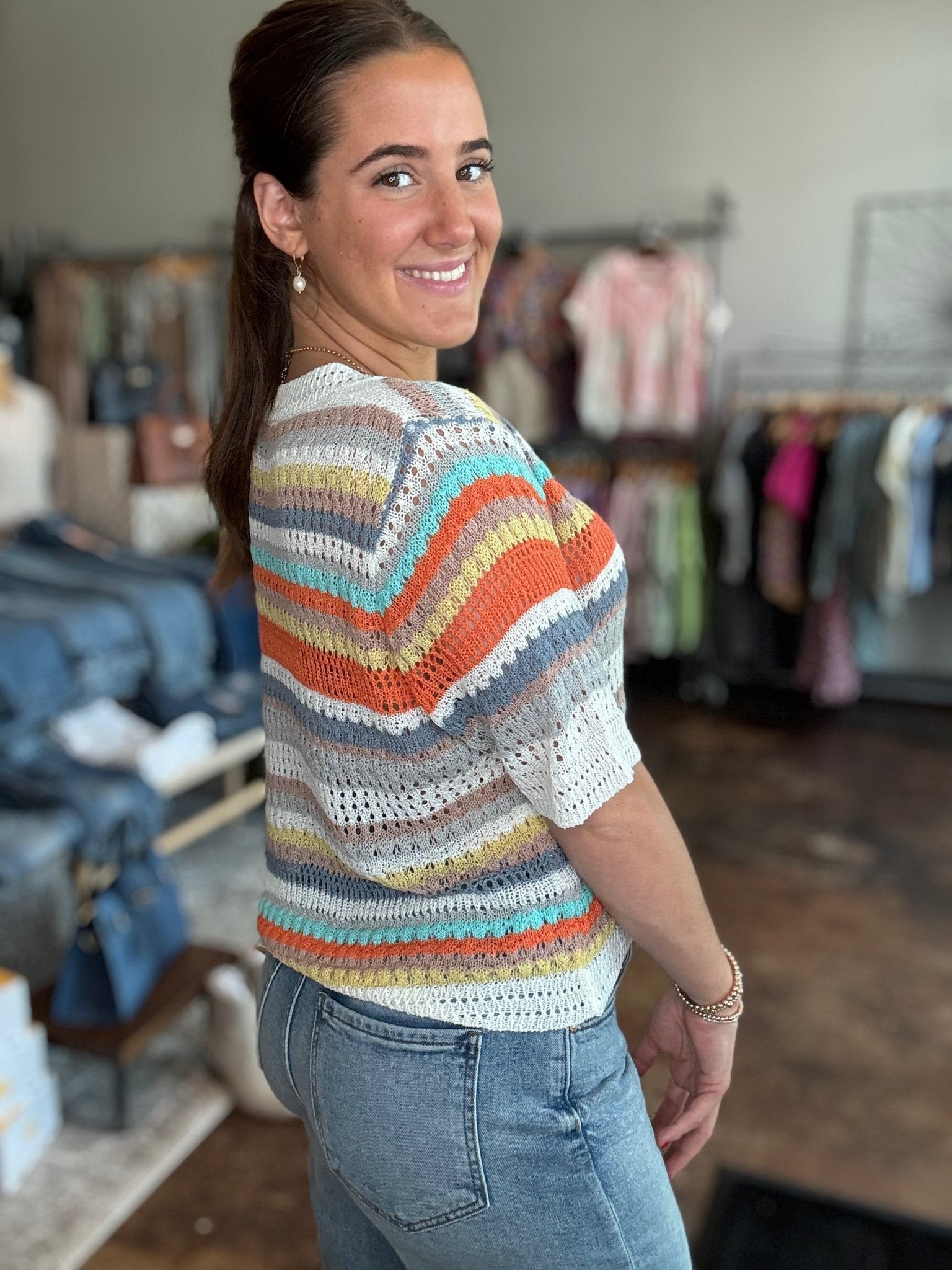 Mixed Weave Striped Short Sleeve Cardigan - Mainstream Boutique