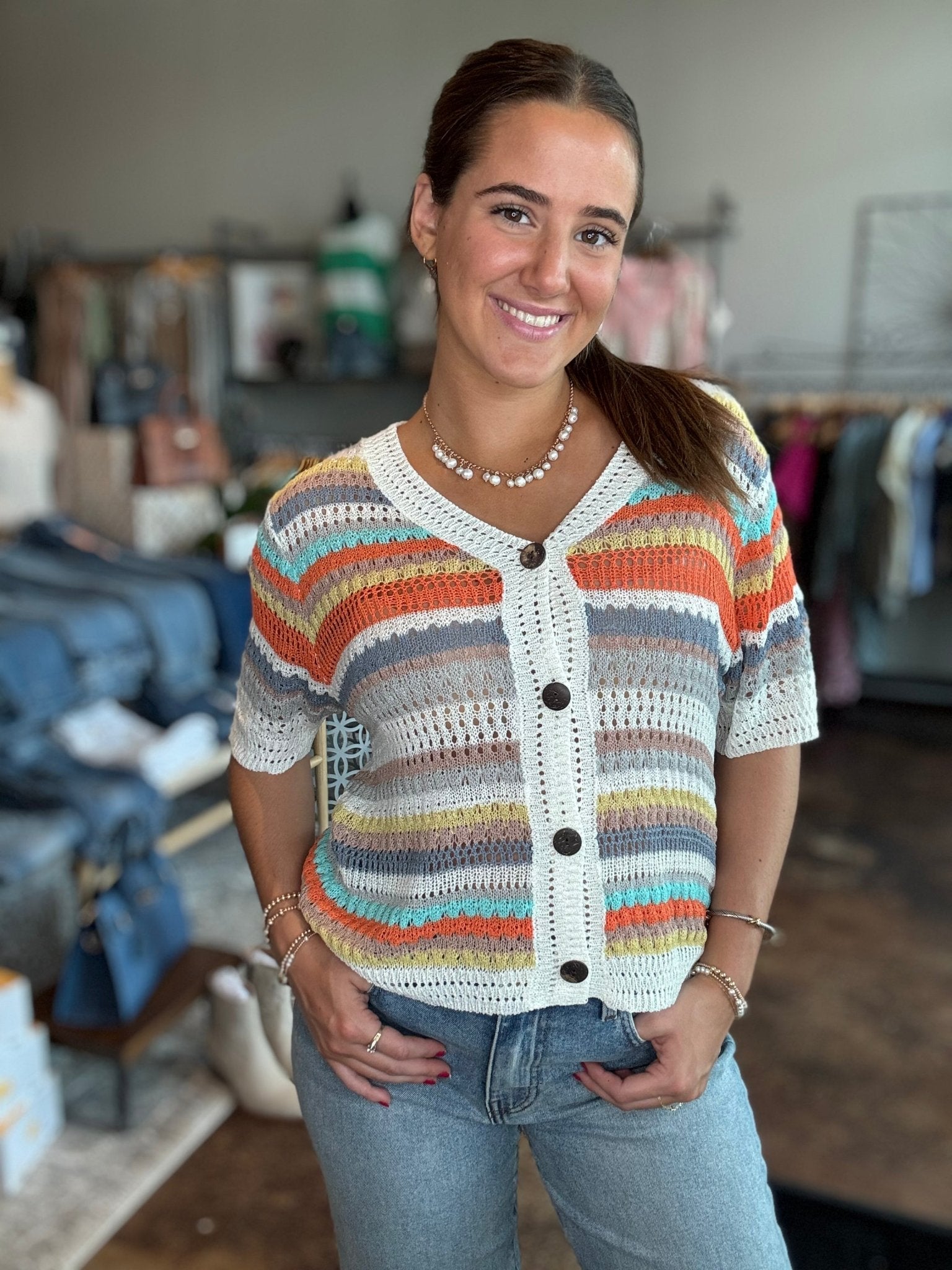 Mixed Weave Striped Short Sleeve Cardigan - Mainstream Boutique