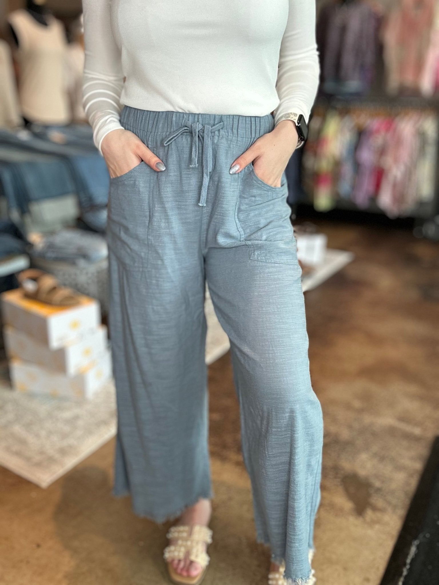 Frayed Hem Drawstring Pants - Mainstream Boutique