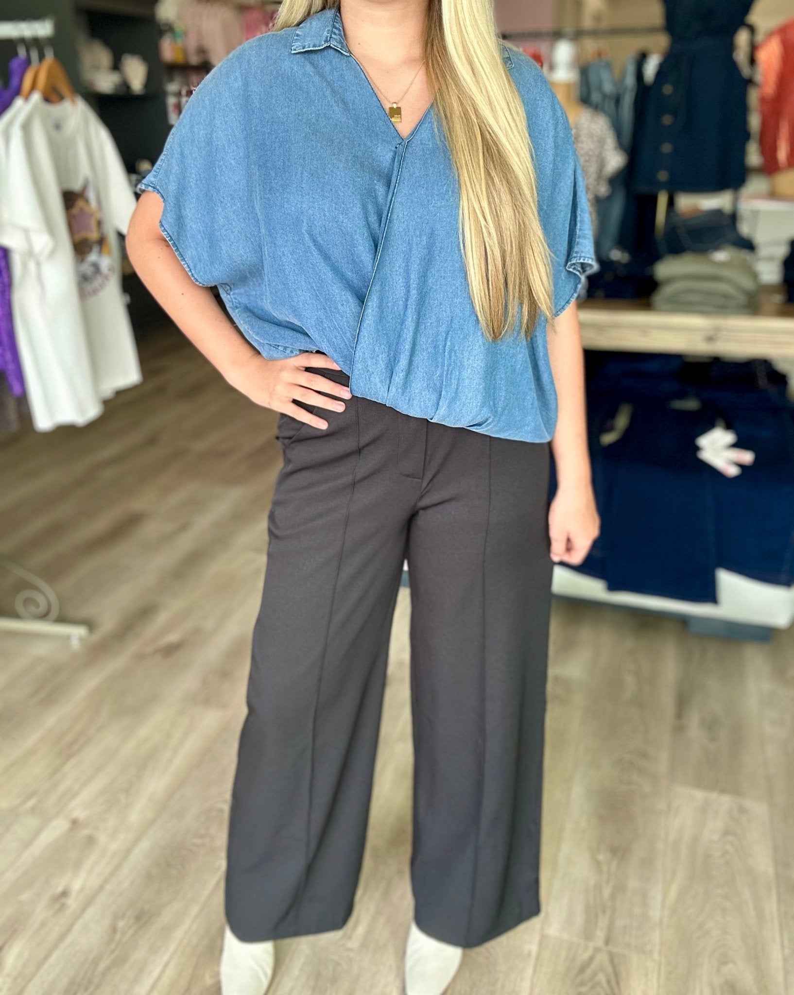 WIDE LEG WOVEN PANTS W/PINTUCK AND POCKETS - Mainstream Boutique