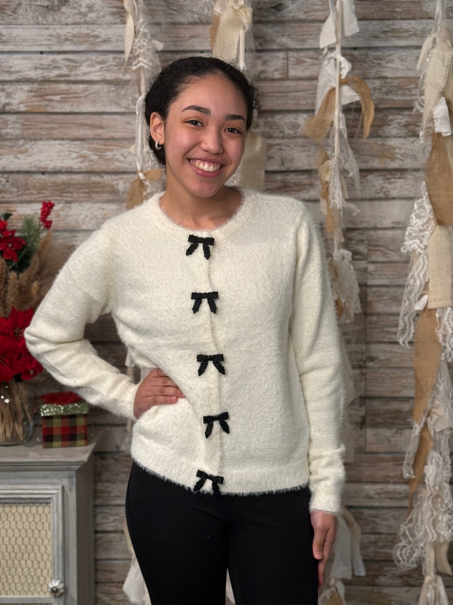 Women’s Jewel Bow Cardigan – Long Sleeve Crew Neck Button - Down Sweater - Mainstream Boutique
