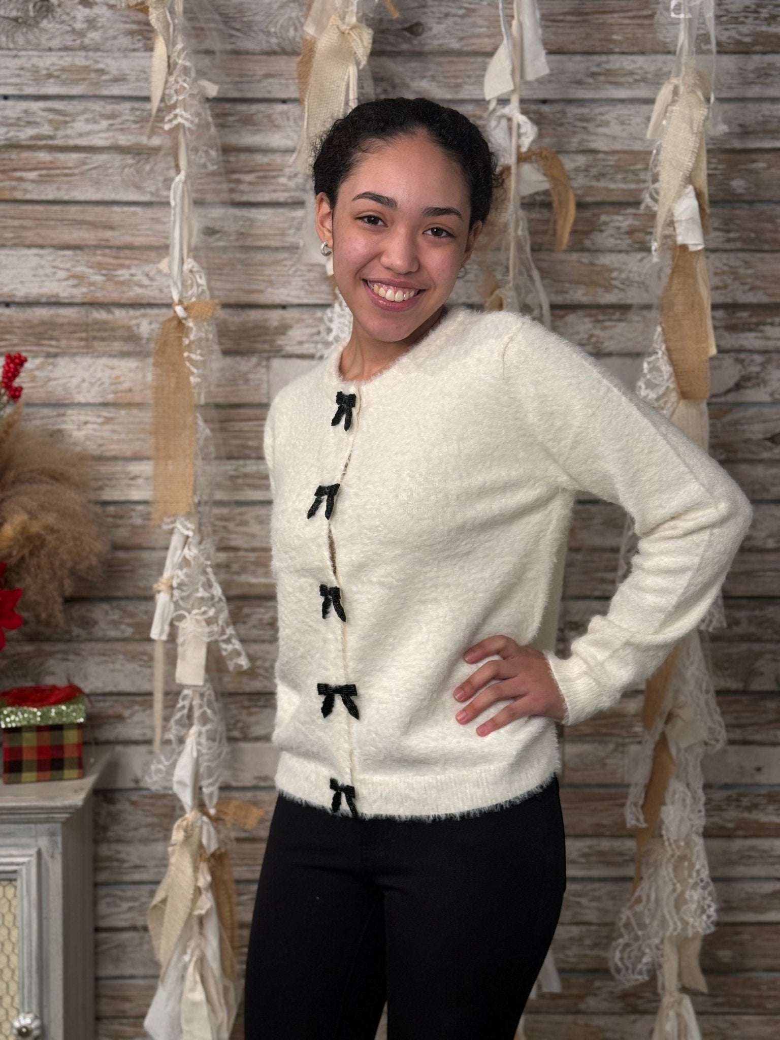 Women’s Jewel Bow Cardigan – Long Sleeve Crew Neck Button - Down Sweater - Mainstream Boutique