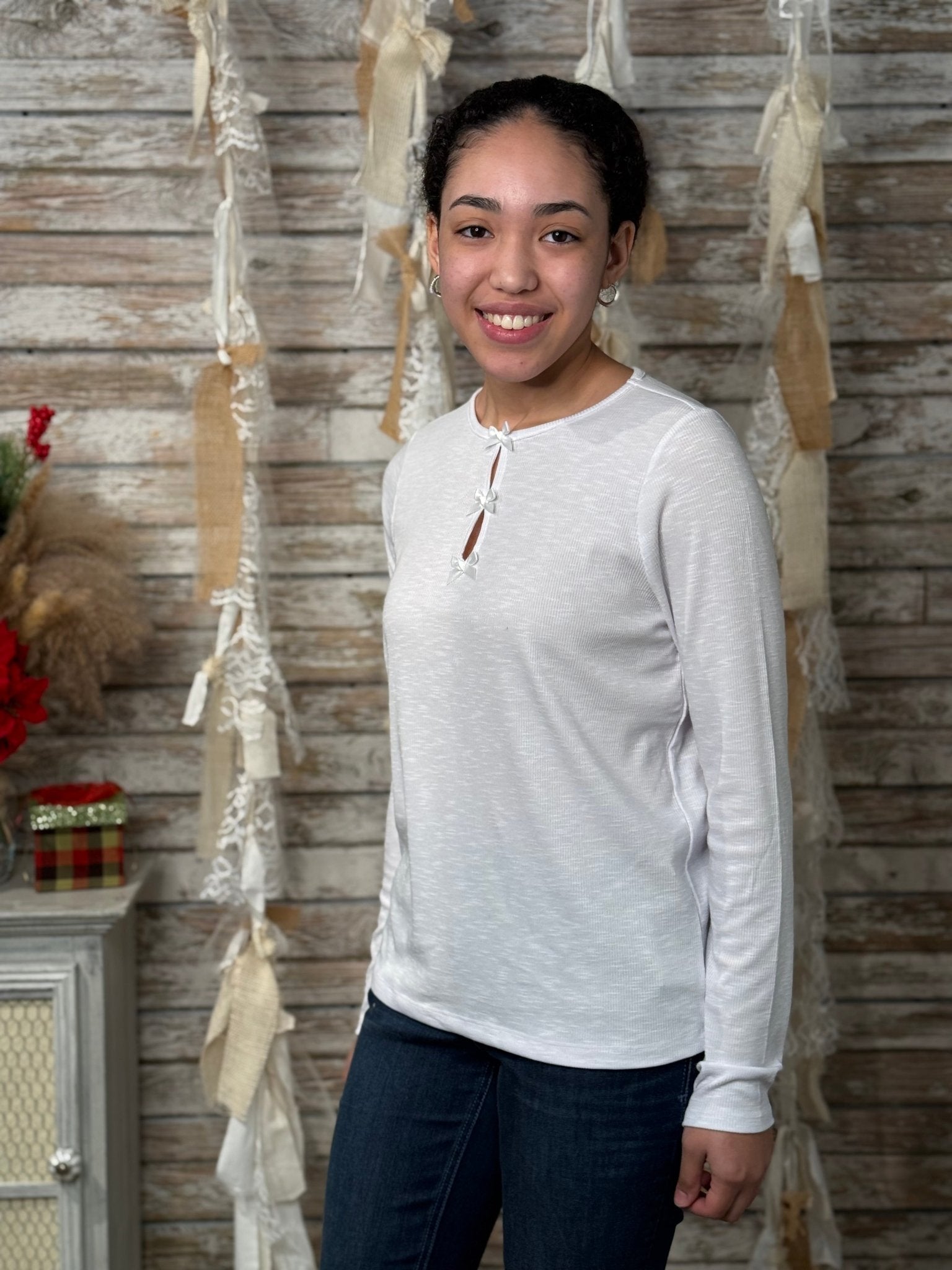 Women’s Keyhole Neck Top – Satin Trim Long Sleeve Slub Knit Tee - Mainstream Boutique