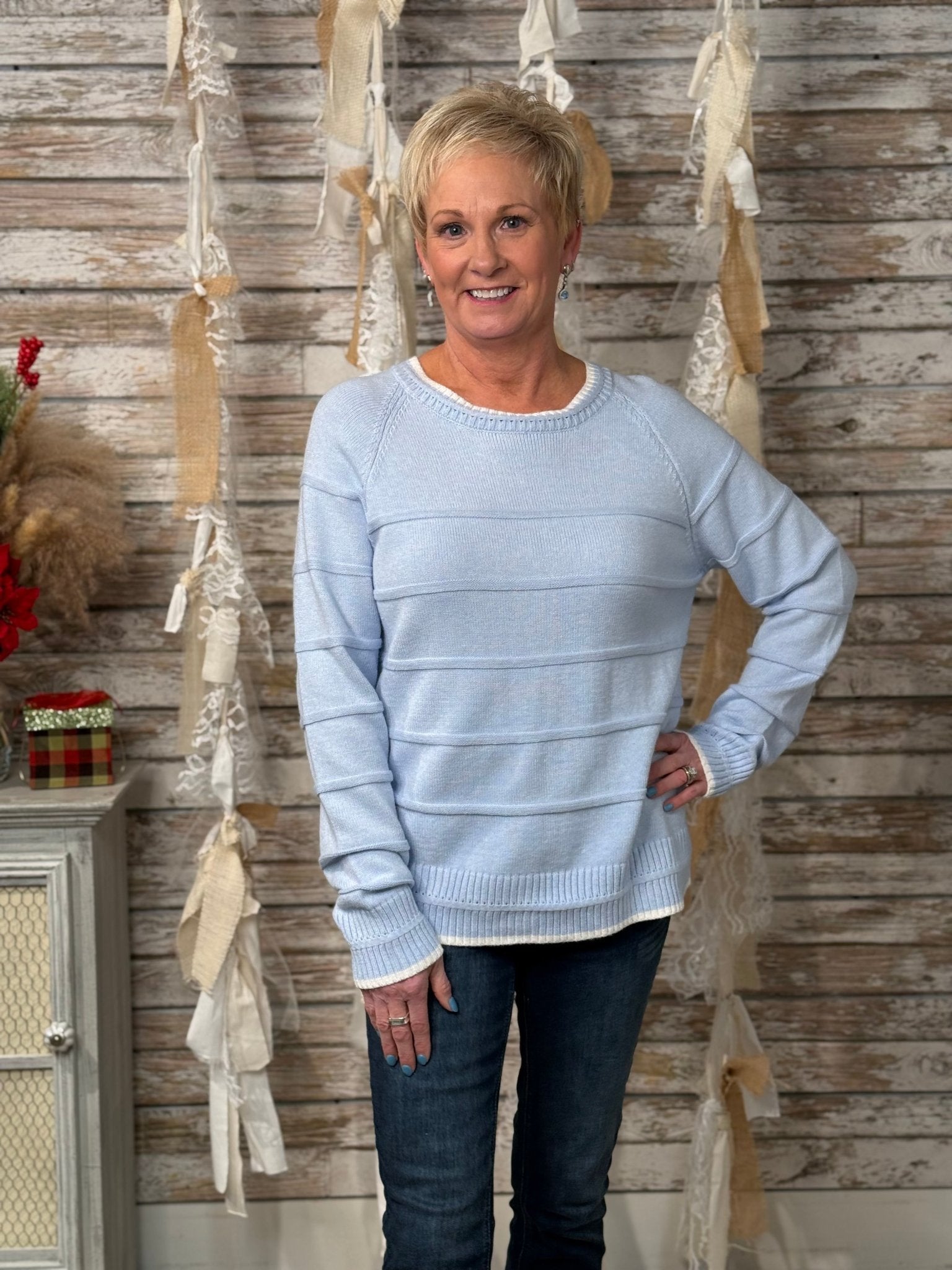 Women’s Textured Stripe Crew Neck Sweater – Long Sleeve Pullover With White Trim - Mainstream Boutique