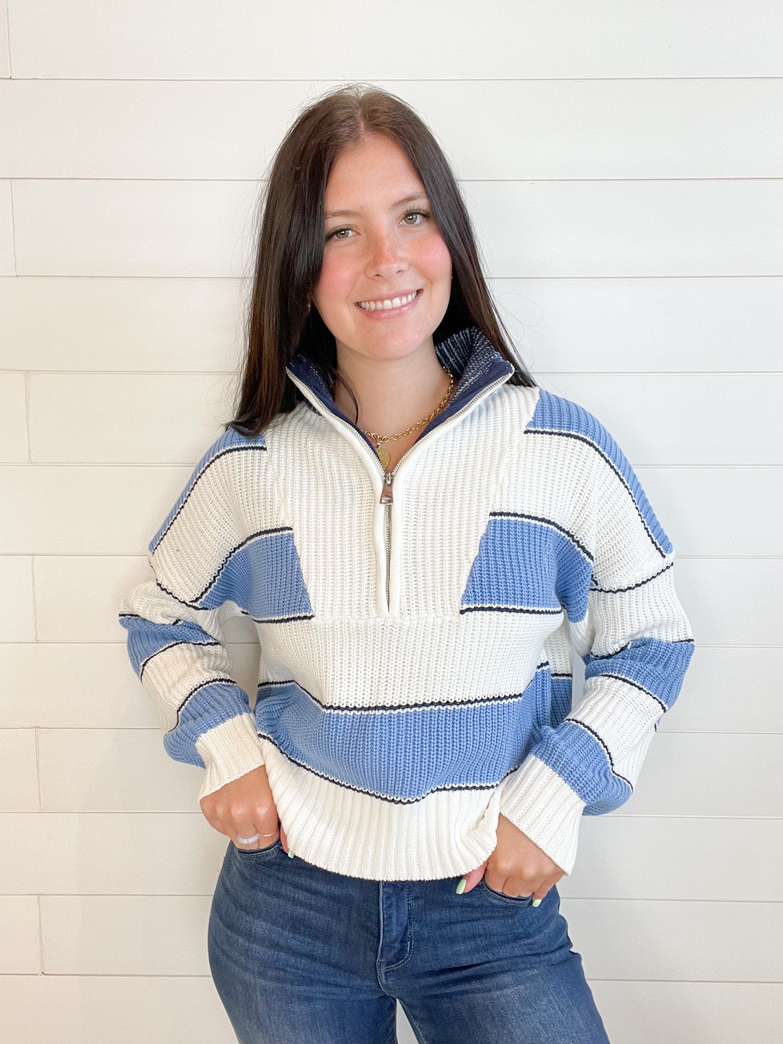 Striped Quarter Zip Color Block Sweater - Mainstream Boutique