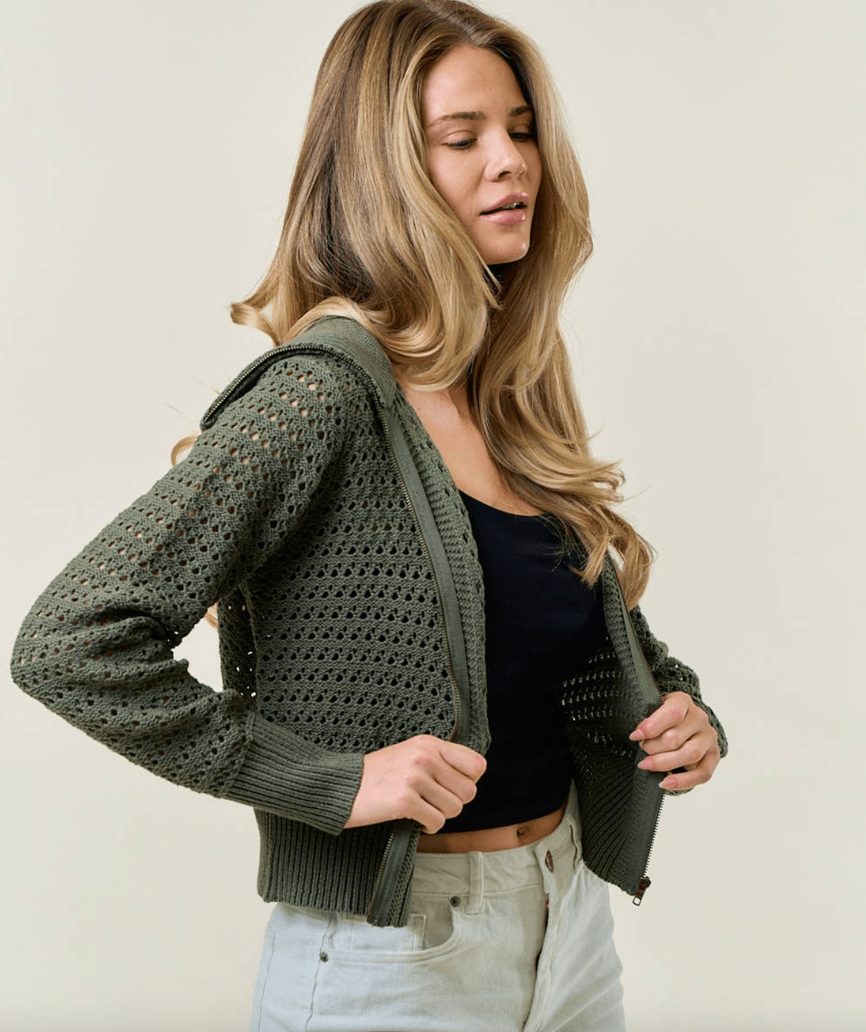 Zip Up Pointelle Open Knit Sweater Jacket - Mainstream Boutique