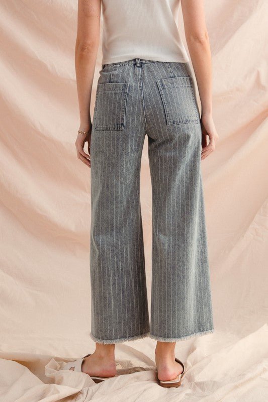 Striped Denim Frayed Hem Pant - Mainstream Boutique