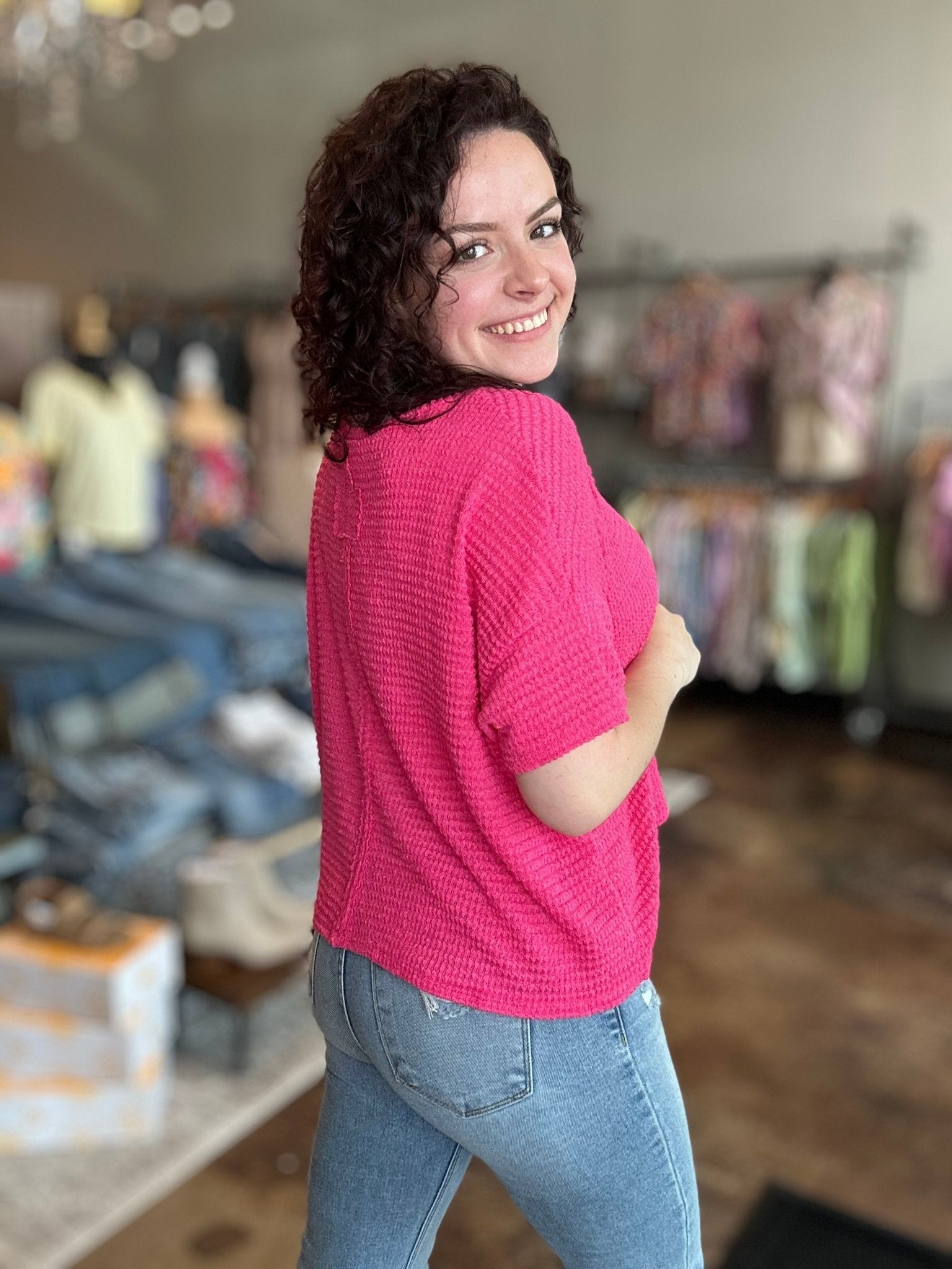 Drop Shoulder Short Sleeve Jacquard Sweater - Mainstream Boutique