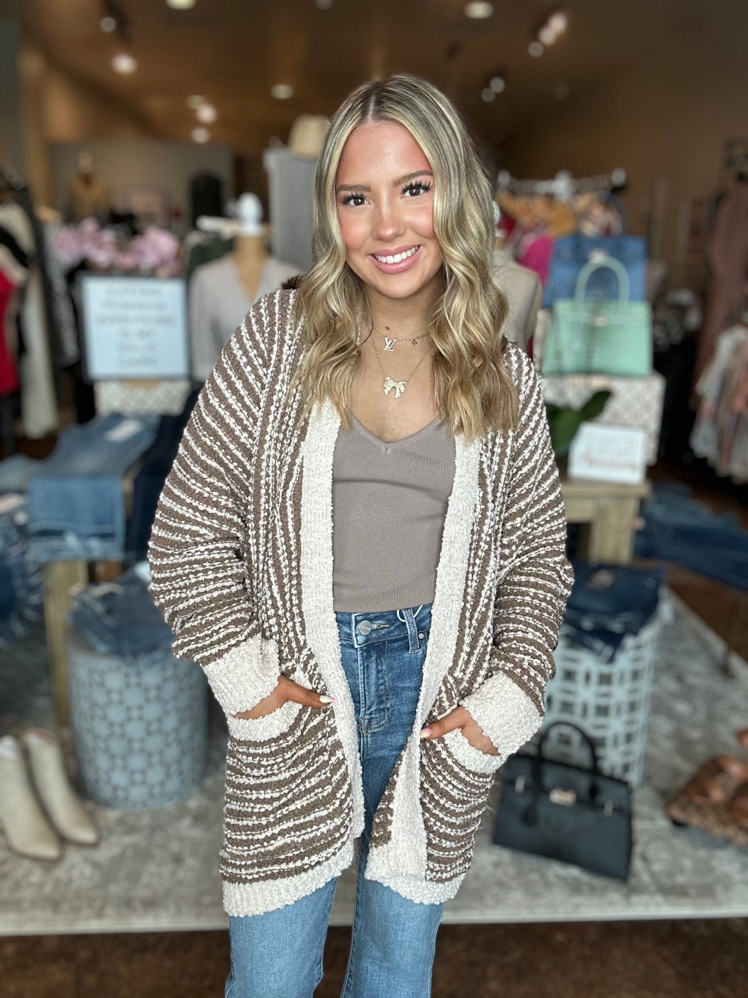 Open Front Contrast Knit Cardigan - Mainstream Boutique