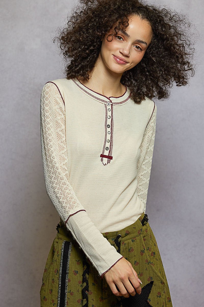 Thermal Lace Sleeve Henley Top - Mainstream Boutique