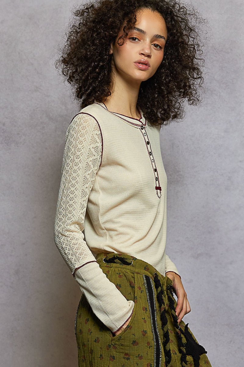 Thermal Lace Sleeve Henley Top - Mainstream Boutique