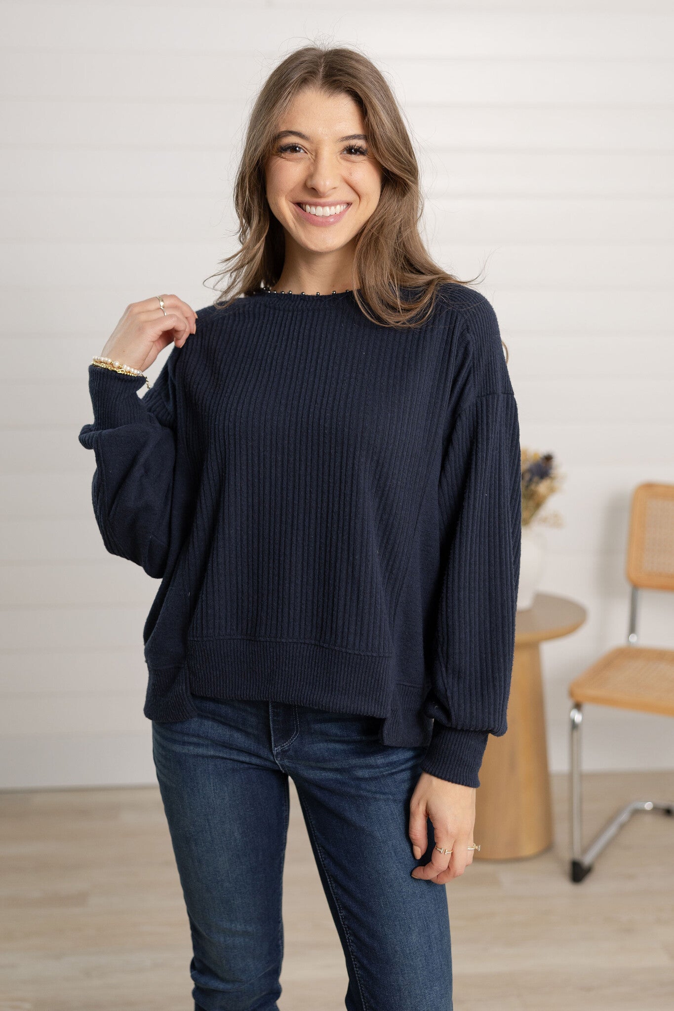 Democracy Scoop Neck Mix Media Knit Top With Embroidered Pearl Detail - Mainstream Boutique