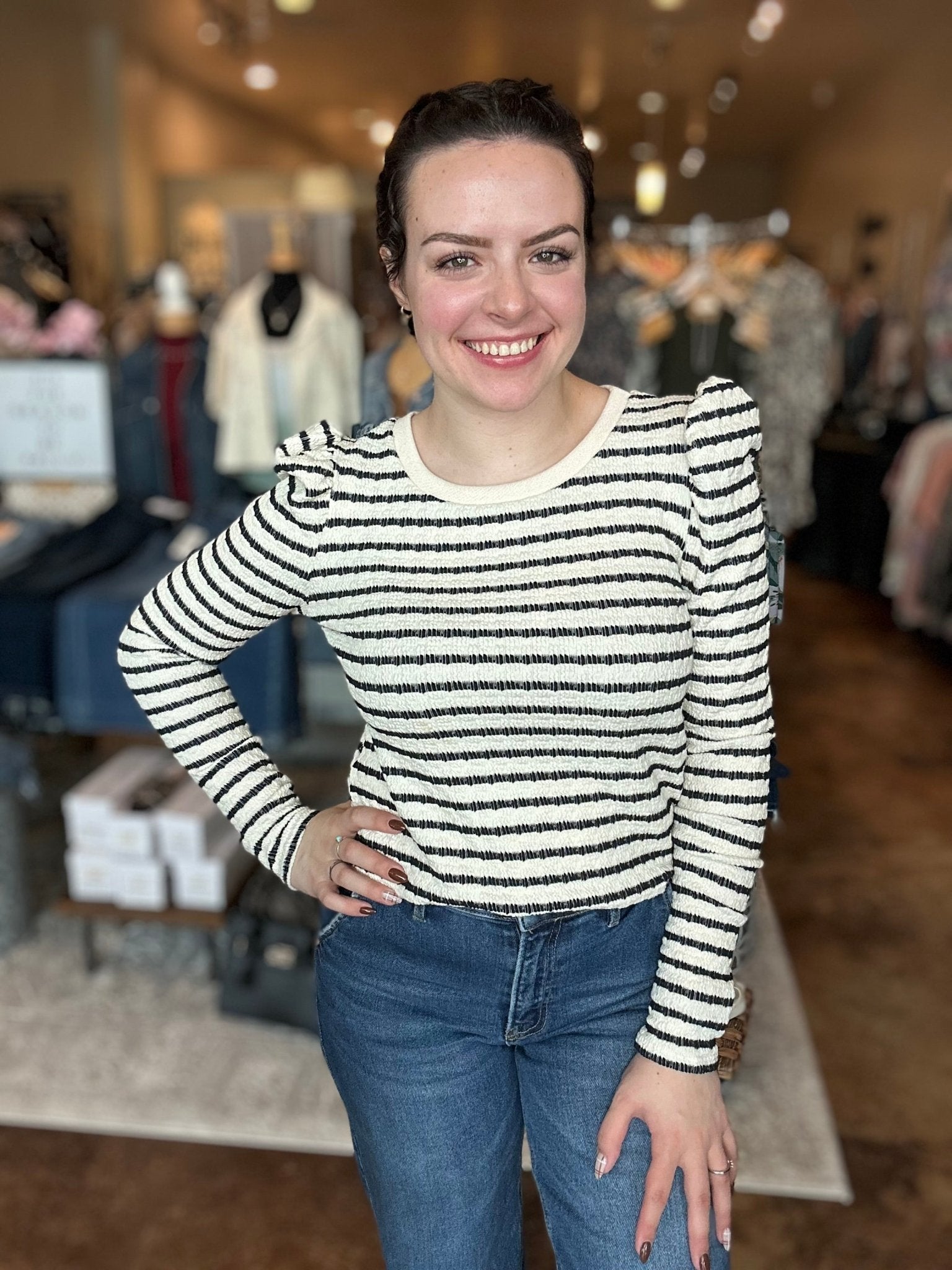 Striped Long Puff Sleeve Top - Mainstream Boutique