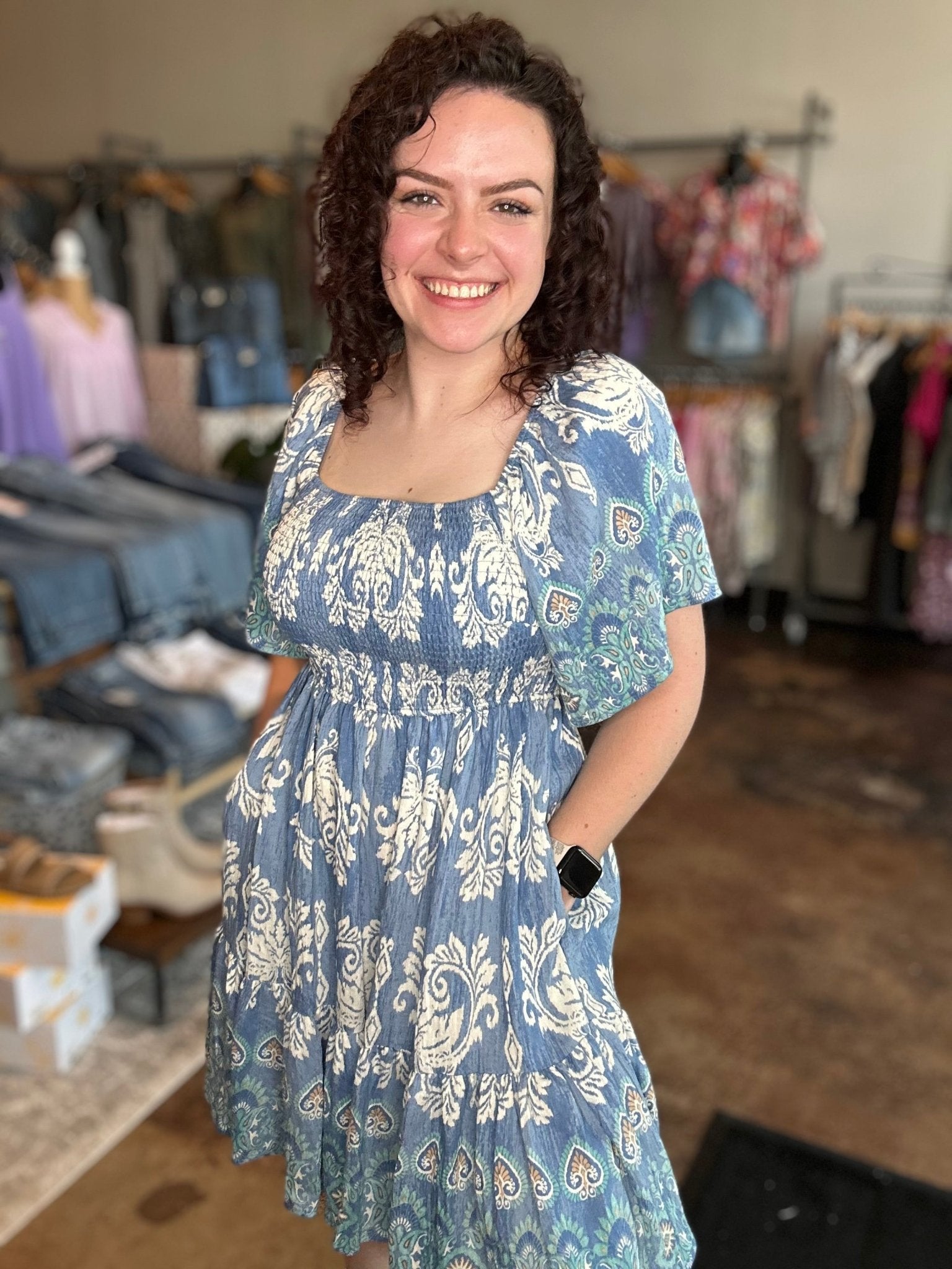 Short Sleeve Smocked Border Print Dress - Mainstream Boutique