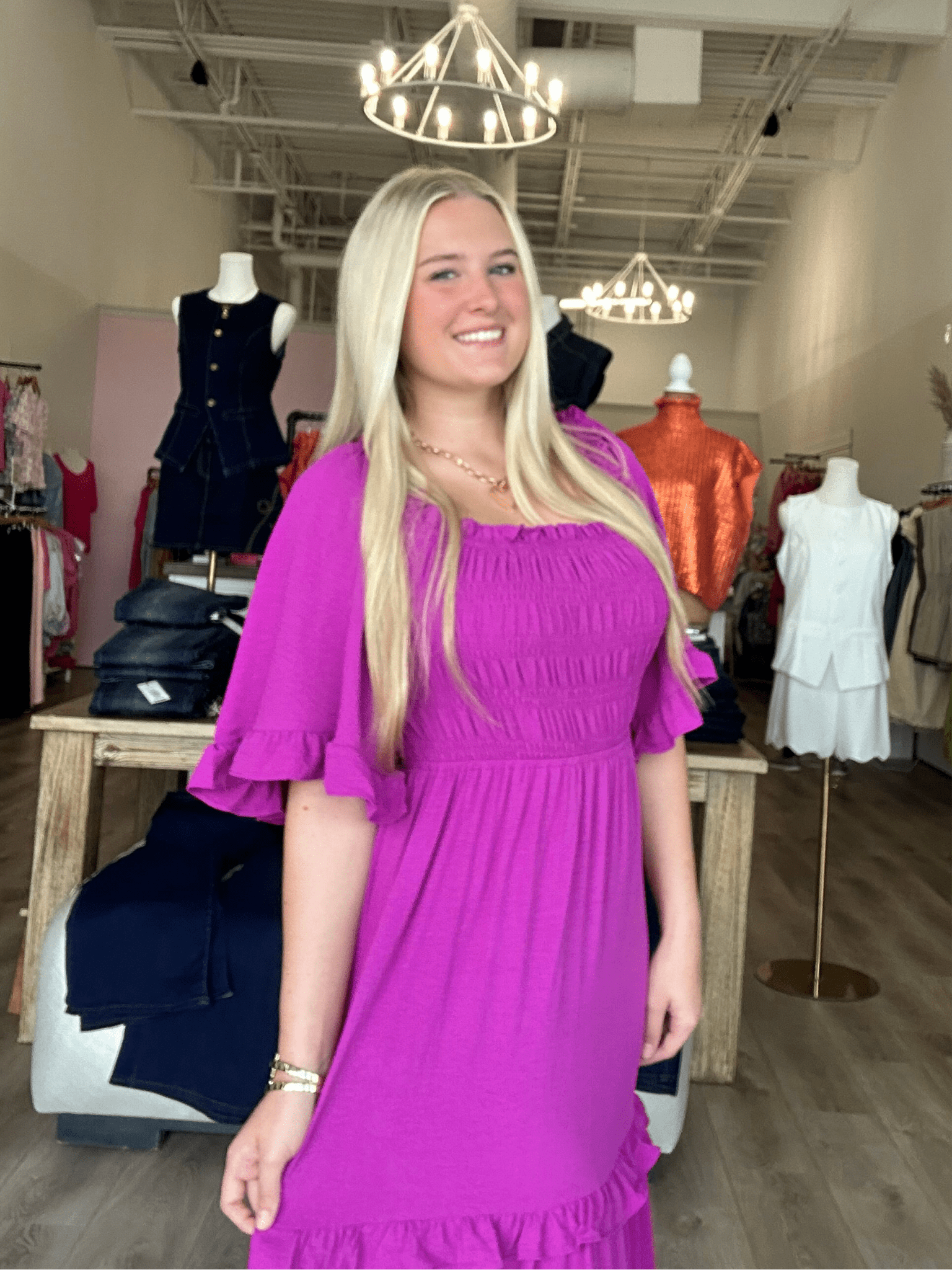 BELL SLEEVE SQUARE NECK SMOCKED TIERED MIDI DRESS - Mainstream Boutique
