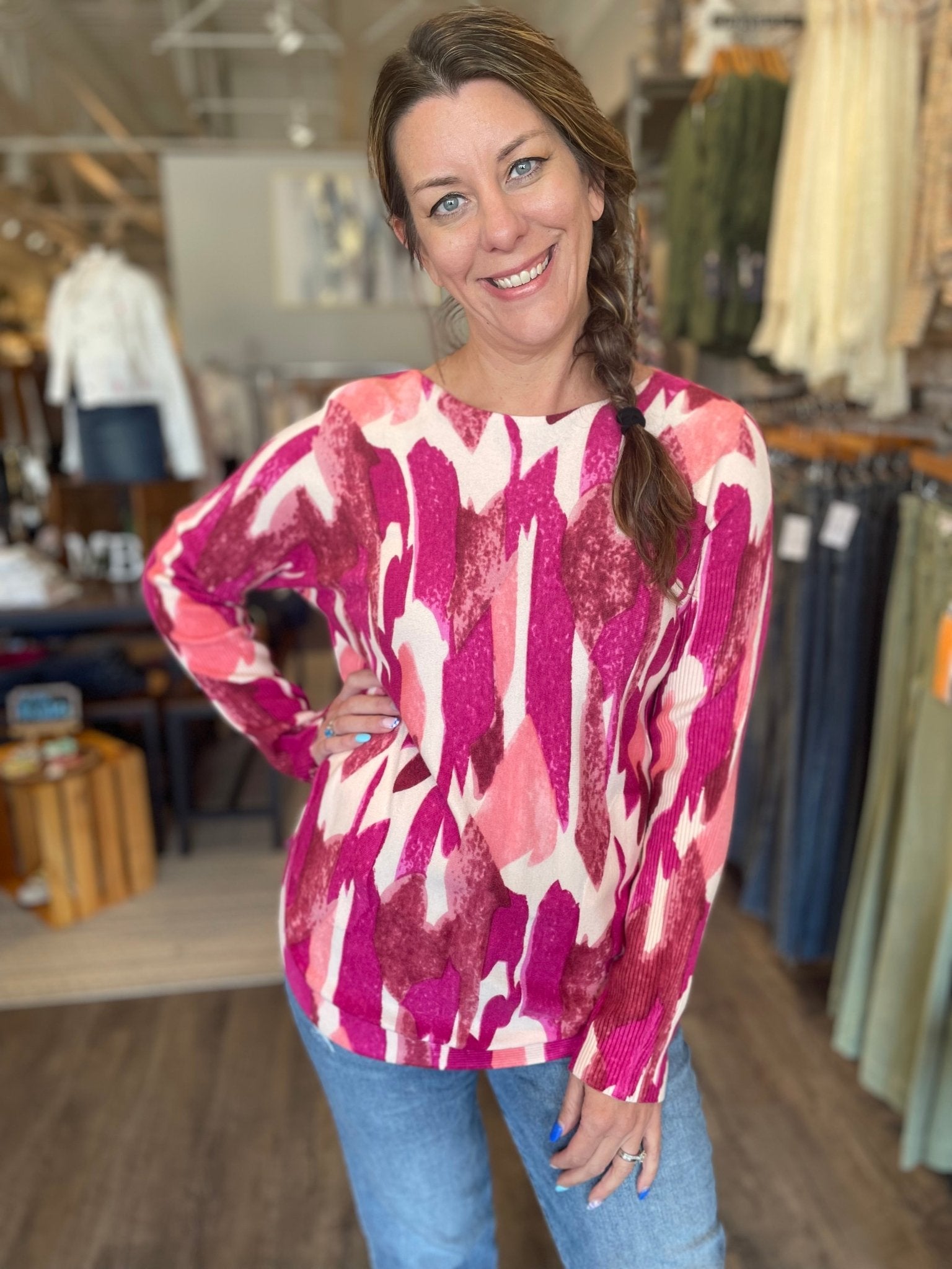 Printed Round Hem Sweater - Mainstream Boutique