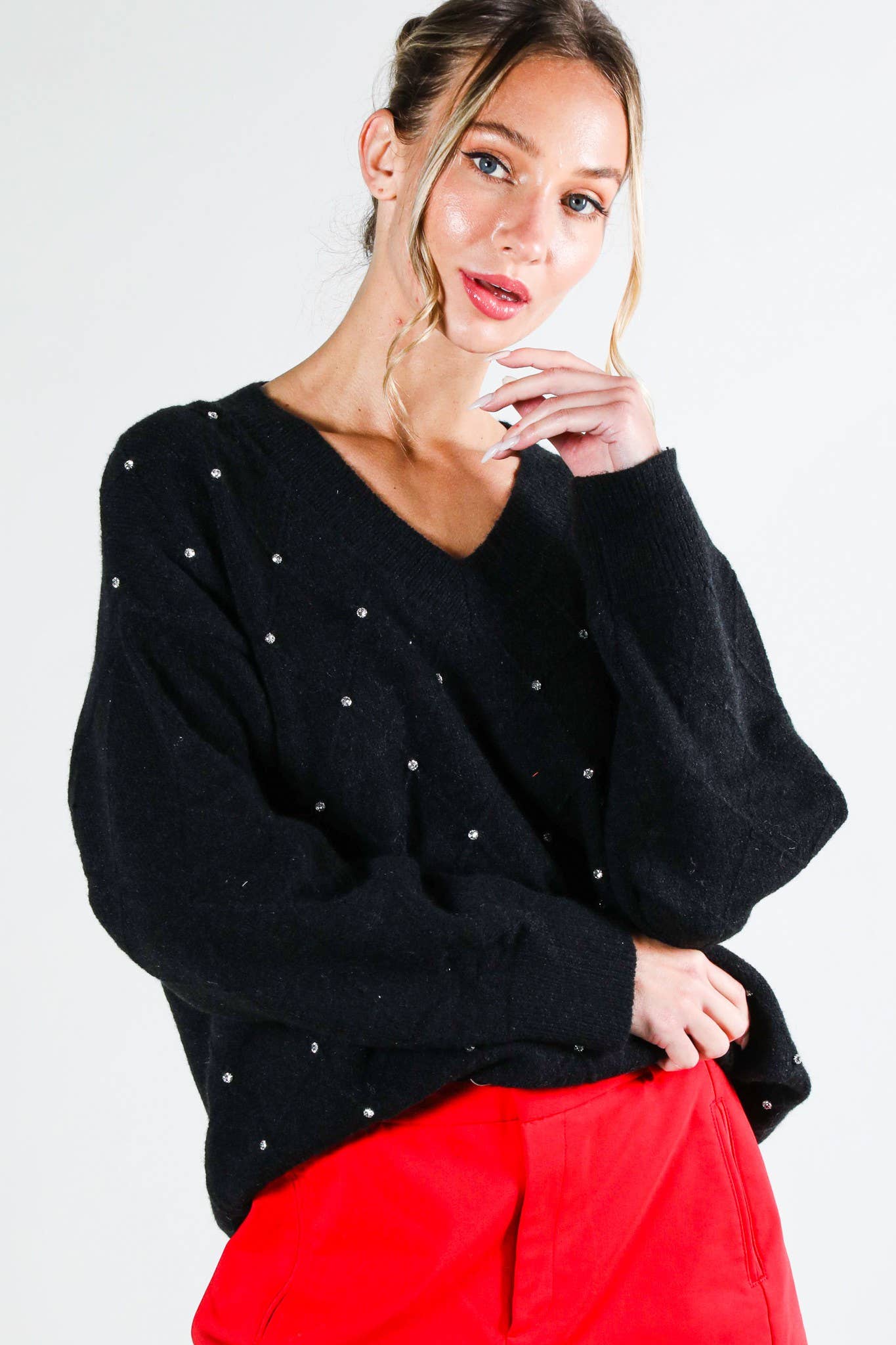 V - Neck Rhinestone Accent Argyle Knitted Sweater Top VT81546 - Mainstream Boutique
