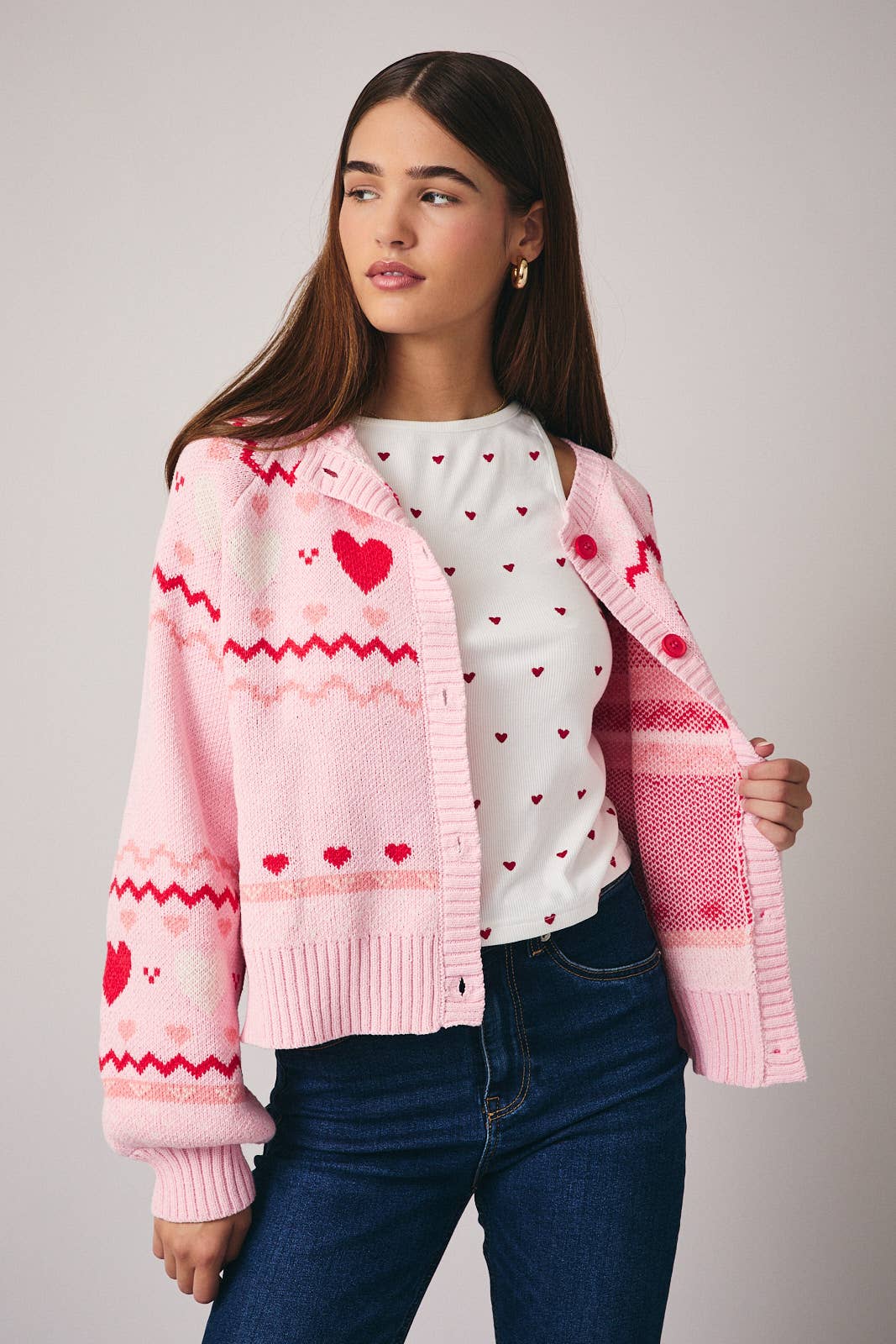 ROUND NECK LONG SLEEVE "HEART" PATTERN SWEATER CARDIGAN - Mainstream Boutique