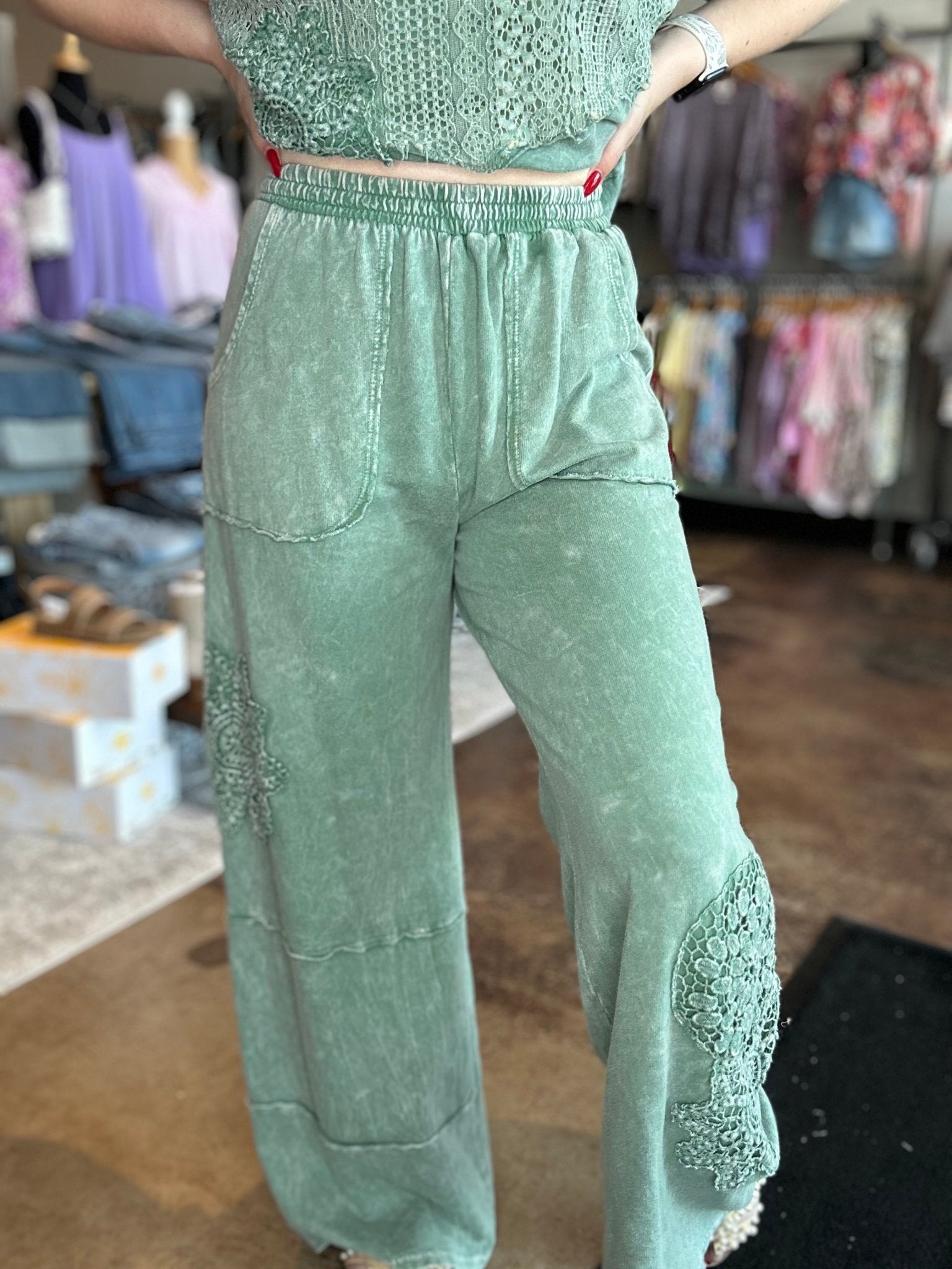 Mineral Washed Doily Detail Wide Leg Pants - Mainstream Boutique