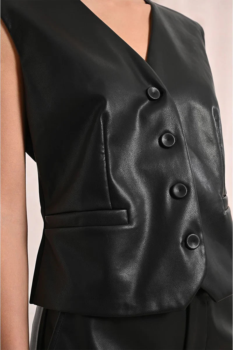 Cropped Faux Leather Vest With Back Size Adjuster - Mainstream Boutique