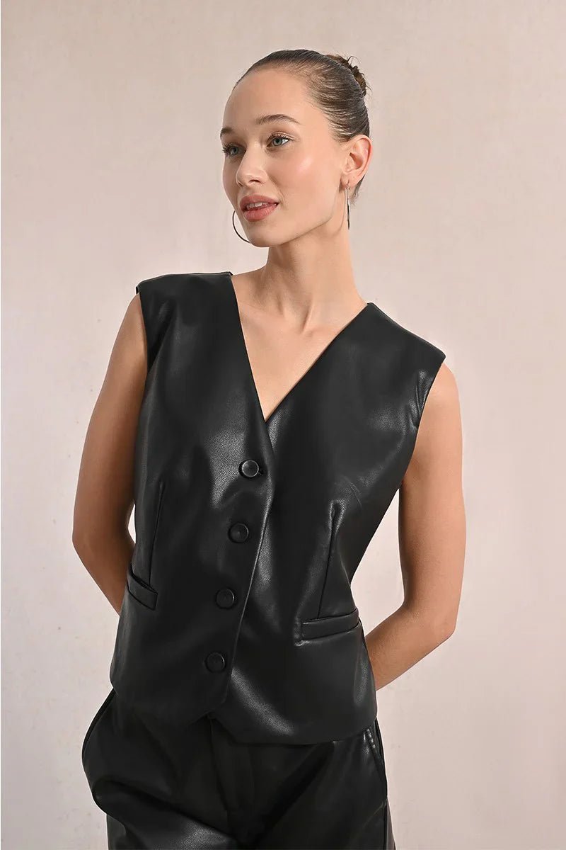 Cropped Faux Leather Vest With Back Size Adjuster - Mainstream Boutique